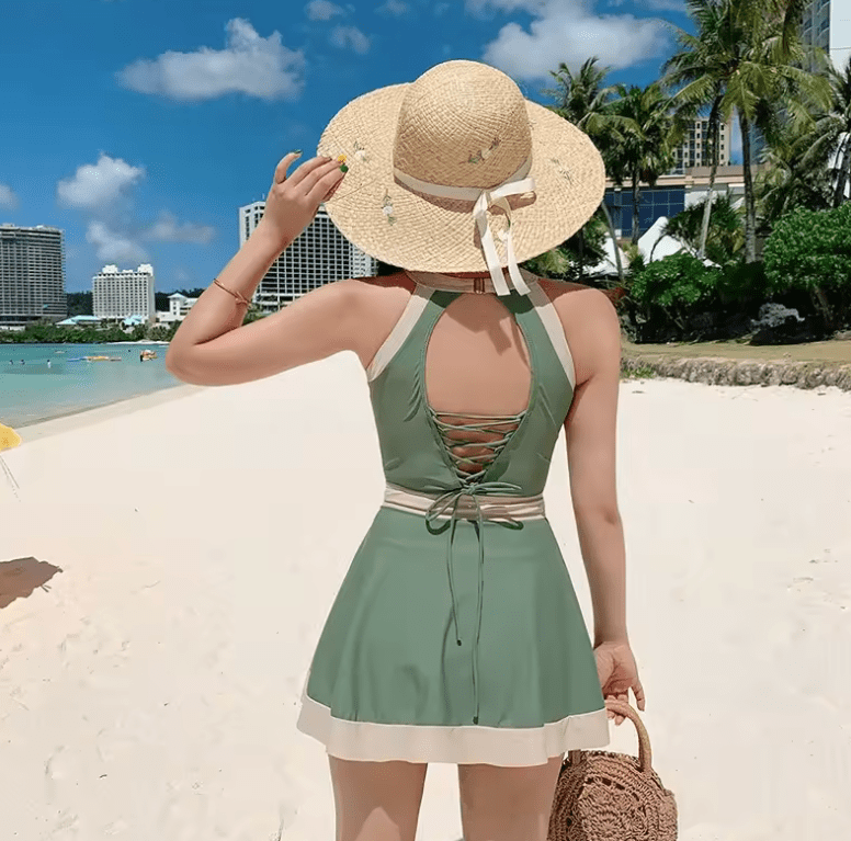2025 Girls’ One-Piece Swimsuit with Skirt – Bean Green Waist-Cinching Slimming Swimwear – Fresh Belly-Covering Design for Vacation & Hot Springs