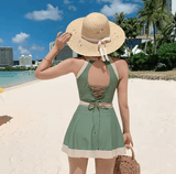 2025 Girls’ One-Piece Swimsuit with Skirt – Bean Green Waist-Cinching Slimming Swimwear – Fresh Belly-Covering Design for Vacation & Hot Springs