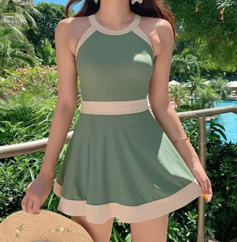 2025 Girls’ One-Piece Swimsuit with Skirt – Bean Green Waist-Cinching Slimming Swimwear – Fresh Belly-Covering Design for Vacation & Hot Springs