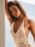 2025 Women’s Crochet Beach Cover-Up Dress – Solid Knit Halter Mini Dress with V-Neck & Side Cross Straps – Slim Fit Swimsuit Overlay