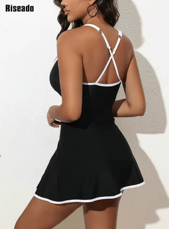 Riseado 2025 Women’s Black One-Piece Swimdress – Tummy Control Swimsuit with Skirt Overlay – Slimming Bathing Suit for Beach & Pool