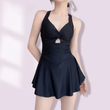 2025 Women’s Slimming One-Piece Swimdress – Solid Color Tummy Control Swimsuit with Waist Tightening Fit – Conservative Vacation Beachwear