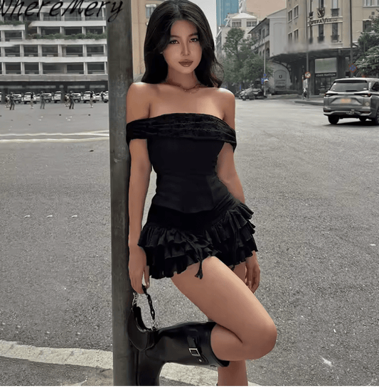 WhereMery 2025 Women’s Sexy 2-Piece Club Set – Off-Shoulder Tube Top & Low-Waist Folded Mini Skirt – Slim Fit Party & Casual Outfit