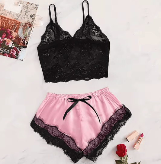 2025 Women’s 2-Piece Lace Pajama Set – Sexy See-Through Sleepwear with Suspender Top & Shorts – Summer Lingerie in Black or Pink