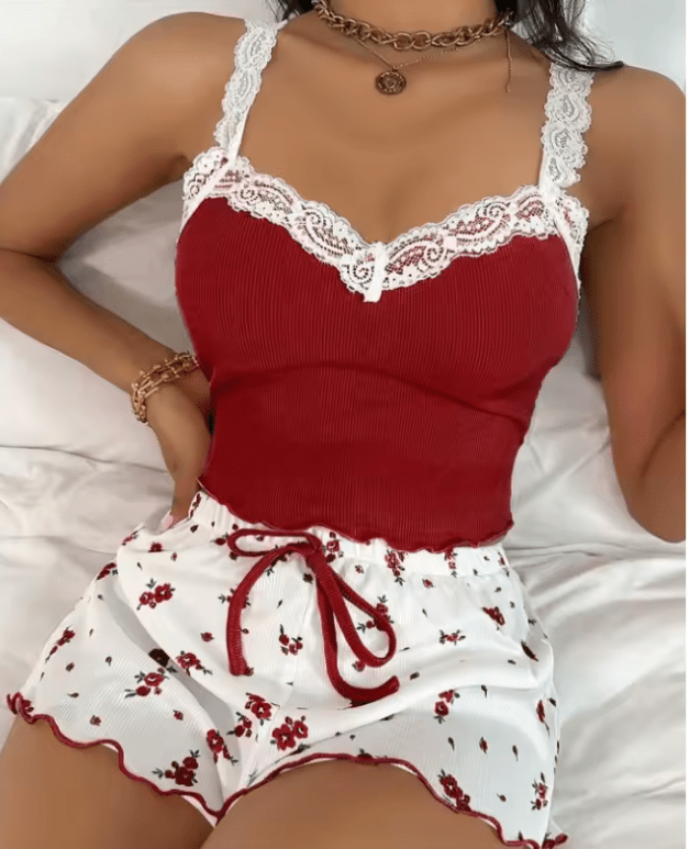 2025 Women’s Sexy Lace Pajama Set – Floral Print Cami Top & Shorts Sleepwear – Slim Fit 2-Piece Loungewear for Home & Bedroom