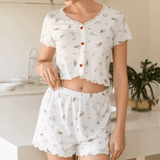 2025 Women’s Floral Pajama Set – Short Sleeve V-Neck Top & Elastic Waist Shorts – 2-Piece Soft Sleepwear for Home, Lounge, or Summer Nights