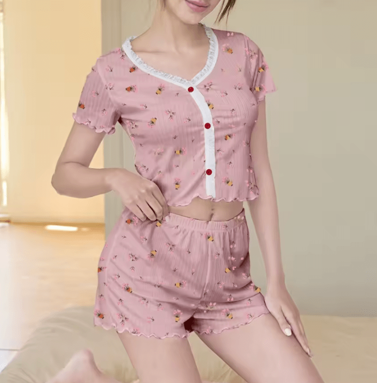 2025 Women’s Floral Pajama Set – Short Sleeve V-Neck Top & Elastic Waist Shorts – 2-Piece Soft Sleepwear for Home, Lounge, or Summer Nights