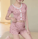 2025 Women’s Floral Pajama Set – Short Sleeve V-Neck Top & Elastic Waist Shorts – 2-Piece Soft Sleepwear for Home, Lounge, or Summer Nights