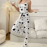 2025 Women’s Plus Size Pajama Set – 2-Piece Sleepwear with Soft Vest Top & Long Trousers – White Love Print, Breathable & Comfortable Lounge Set