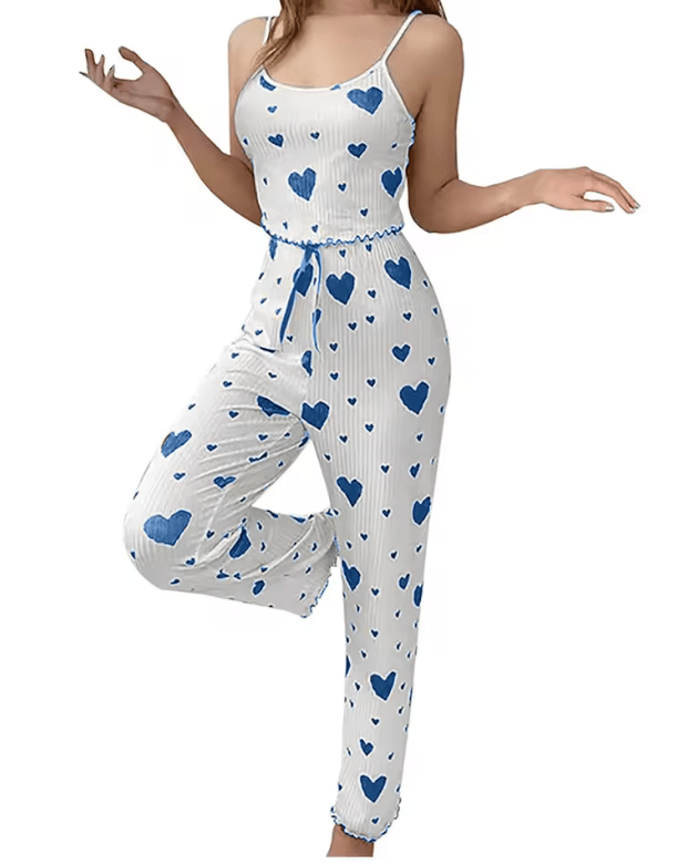 2025 Women’s Plus Size Pajama Set – 2-Piece Sleepwear with Soft Vest Top & Long Trousers – White Love Print, Breathable & Comfortable Lounge Set