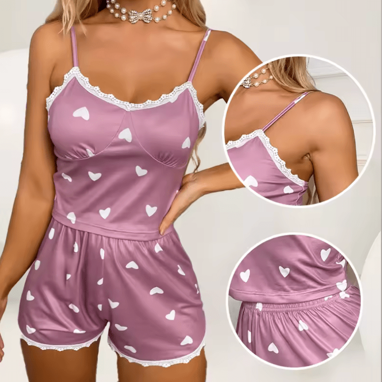 2025 Women’s 2-Piece Lace Pajama Set – V-Neck Printed Cami Top & Shorts Sleepwear – Casual Loungewear with Spaghetti Straps