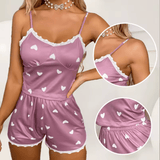 2025 Women’s 2-Piece Lace Pajama Set – V-Neck Printed Cami Top & Shorts Sleepwear – Casual Loungewear with Spaghetti Straps