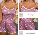 2025 Women’s 2-Piece Lace Pajama Set – V-Neck Printed Cami Top & Shorts Sleepwear – Casual Loungewear with Spaghetti Straps