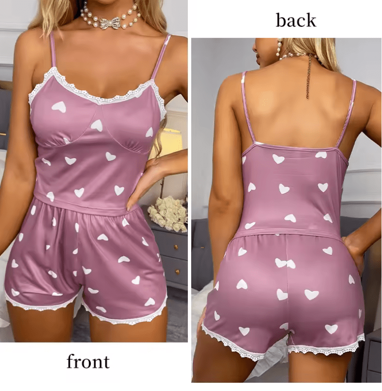 2025 Women’s 2-Piece Lace Pajama Set – V-Neck Printed Cami Top & Shorts Sleepwear – Casual Loungewear with Spaghetti Straps