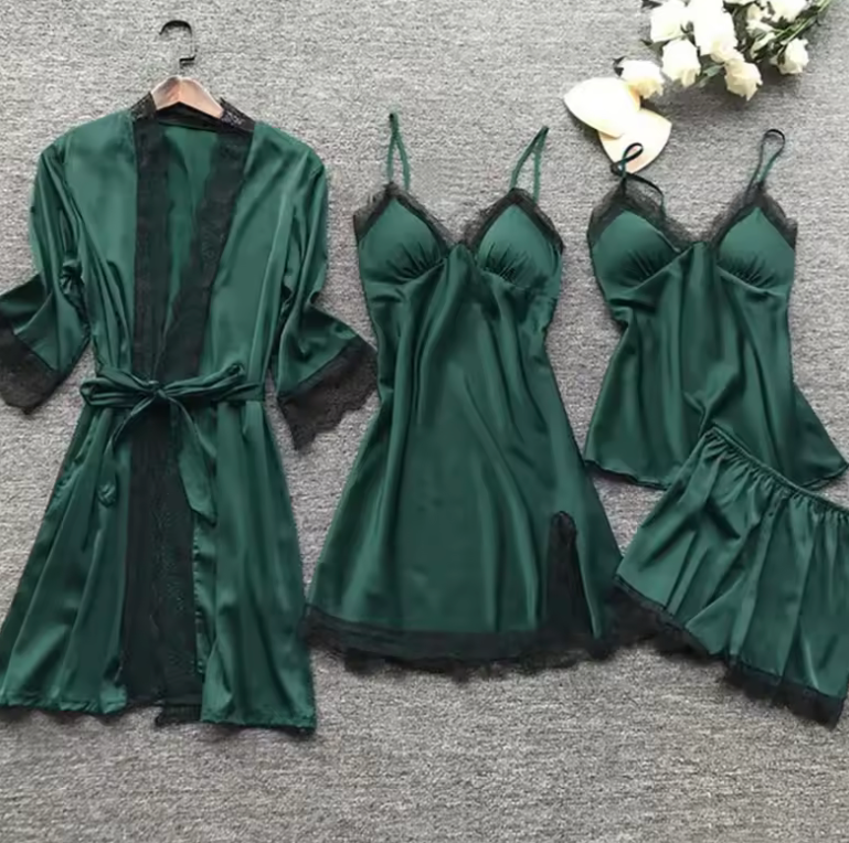 2025 Women’s 4-Piece Sexy Lace Pajama Set – V-Neck Nightgown, Robe, Shorts & Top with Chest Pads – Elegant Loungewear Sleepwear Set