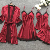 2025 Women’s 4-Piece Sexy Lace Pajama Set – V-Neck Nightgown, Robe, Shorts & Top with Chest Pads – Elegant Loungewear Sleepwear Set