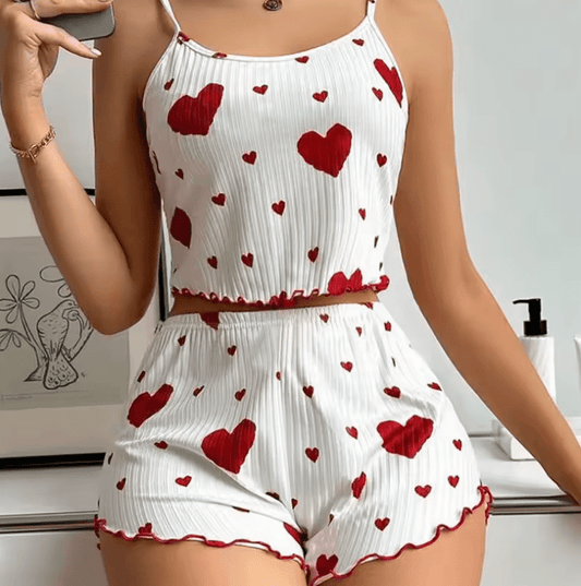 2025 Summer Women’s Pajama Set – Soft Breathable Love Print Cami Top & Strap Shorts Sleepwear – Casual Cute Home Loungewear