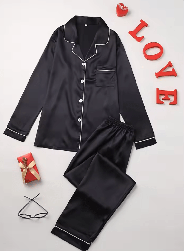 2025 Women’s Solid Color Pajama Set – Long Sleeve Button-Up Lapel Top & Pants – Soft 2-Piece Sleepwear & Loungewear Set