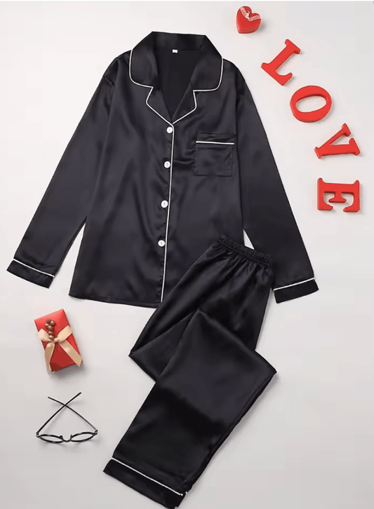2025 Women’s Solid Color Pajama Set – Long Sleeve Button-Up Lapel Top & Pants – Soft 2-Piece Sleepwear & Loungewear Set