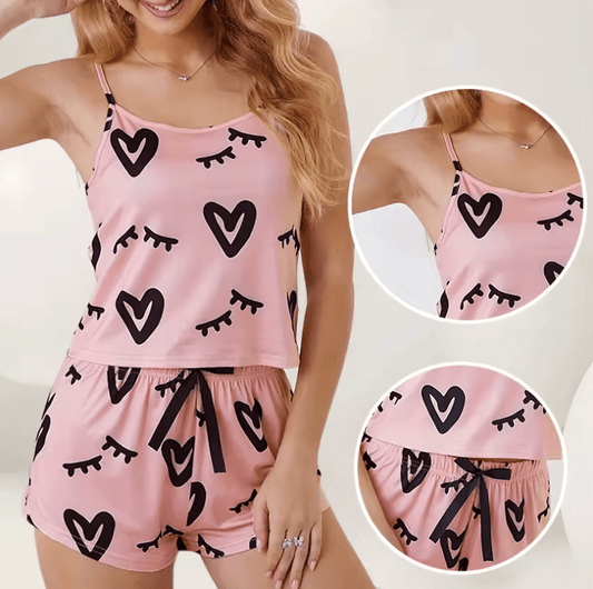 2025 Women’s Sexy Summer Pajama Set – Pink Printed U-Neck Sleeveless Top & Bow Shorts – Lightweight Homewear Sleepwear Set