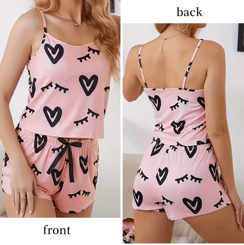 2025 Women’s Sexy Summer Pajama Set – Pink Printed U-Neck Sleeveless Top & Bow Shorts – Lightweight Homewear Sleepwear Set