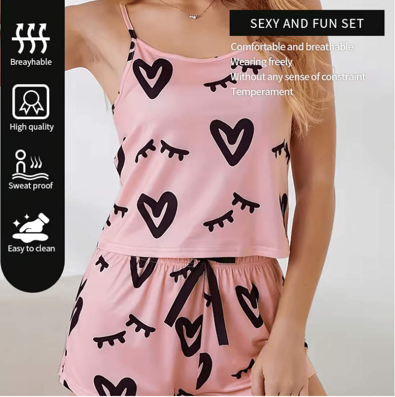 2025 Women’s Sexy Summer Pajama Set – Pink Printed U-Neck Sleeveless Top & Bow Shorts – Lightweight Homewear Sleepwear Set