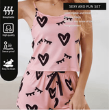 2025 Women’s Sexy Summer Pajama Set – Pink Printed U-Neck Sleeveless Top & Bow Shorts – Lightweight Homewear Sleepwear Set