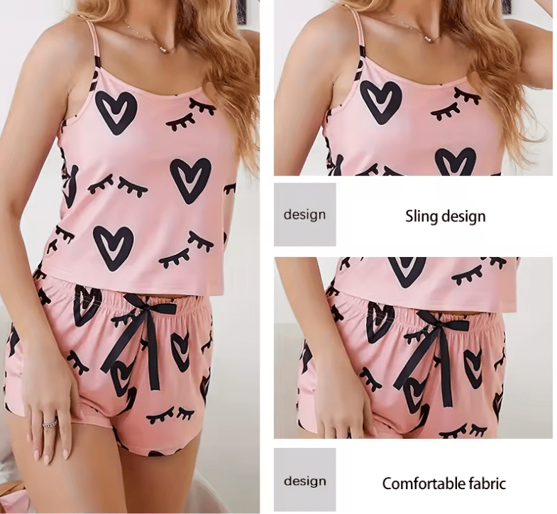 2025 Women’s Sexy Summer Pajama Set – Pink Printed U-Neck Sleeveless Top & Bow Shorts – Lightweight Homewear Sleepwear Set