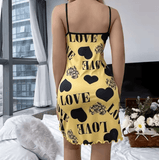 2025 Women’s Sexy Nightgown – Halter Neck Short Skirt with Love Cartoon Print – Lightweight Summer Pajamas for Home Wear