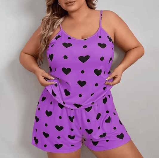 2025 Plus Size Women’s Pajama Set – Heart Print Sleeveless O-Neck Crop Top & Elastic Waist Shorts – 2-Piece Cute Summer Sleepwear