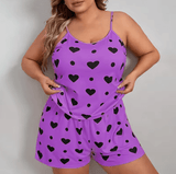 2025 Plus Size Women’s Pajama Set – Heart Print Sleeveless O-Neck Crop Top & Elastic Waist Shorts – 2-Piece Cute Summer Sleepwear