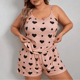 2025 Plus Size Women’s Pajama Set – Heart Print Sleeveless O-Neck Crop Top & Elastic Waist Shorts – 2-Piece Cute Summer Sleepwear