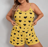 2025 Plus Size Women’s Pajama Set – Heart Print Sleeveless O-Neck Crop Top & Elastic Waist Shorts – 2-Piece Cute Summer Sleepwear