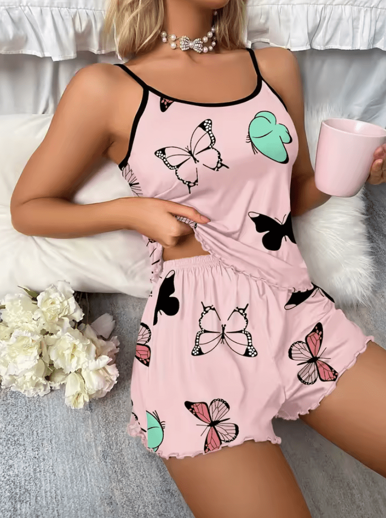 2025 Women’s Butterfly Print Pajama Set – Lettuce Trim Cami Top & Elastic Waist Shorts – Soft 2-Piece Sleepwear Loungewear Set