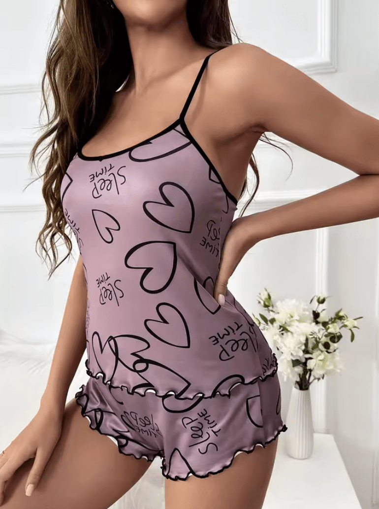 2025 Women’s Love Print Pajama Set – Crew Neck Cami Top & Lettuce Trim Shorts – Soft Purple Summer Sleepwear Loungewear