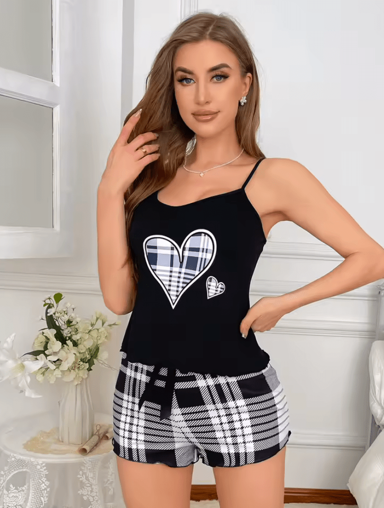 2025 Women’s Pajama Set – Solid Color Suspender Top & Plaid Shorts – 2-Piece Summer Sleepwear Loungewear for Home