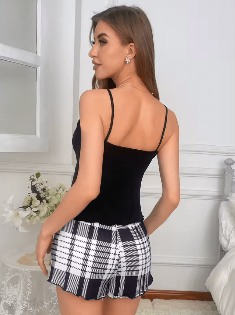 2025 Women’s Pajama Set – Solid Color Suspender Top & Plaid Shorts – 2-Piece Summer Sleepwear Loungewear for Home