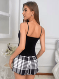 2025 Women’s Pajama Set – Solid Color Suspender Top & Plaid Shorts – 2-Piece Summer Sleepwear Loungewear for Home