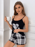 2025 Women’s Pajama Set – Solid Color Suspender Top & Plaid Shorts – 2-Piece Summer Sleepwear Loungewear for Home