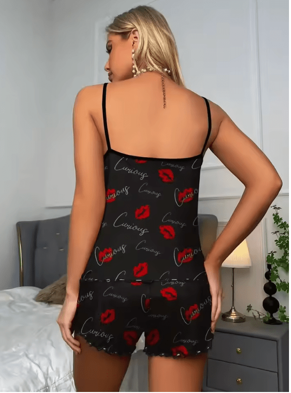 2025 Women’s Summer Pajama Set – Red Lip Print Scoop Neck Cami Top & Elastic Waist Shorts – Soft Sleepwear & Loungewear Set