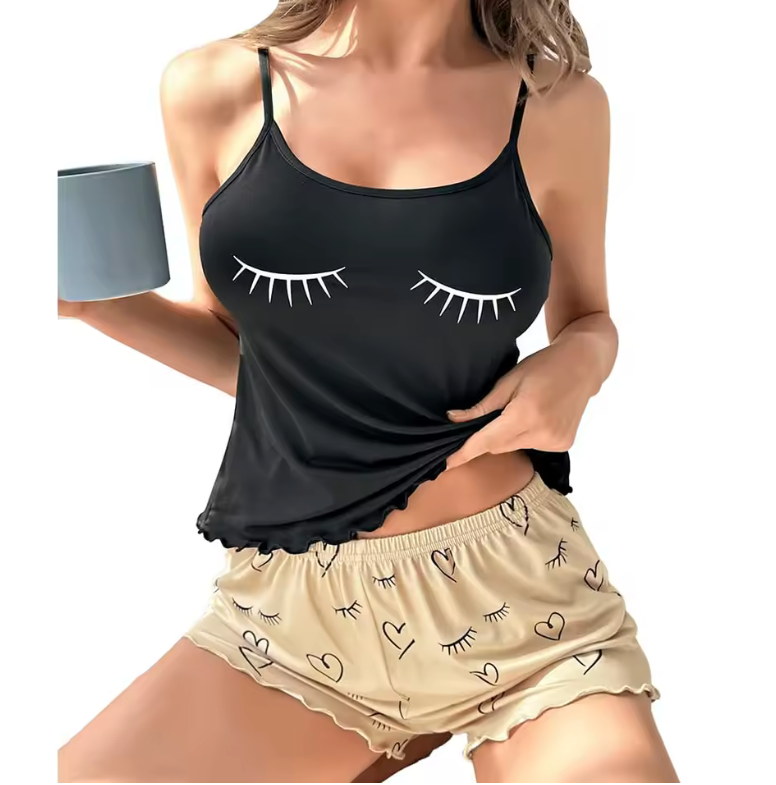 2025 Women’s Eyelash Print Pajama Set – Milk Silk Vest Top & Shorts – Soft 2-Piece Sleepwear Cute Summer Loungewear Set