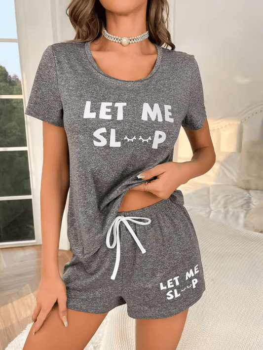 2025 Women’s Casual Pajama Set – Gray Short Sleeve Top & Letter Print Shorts – 2-Piece Loungewear Sleepwear for Home