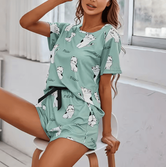 2025 Women’s Cartoon Print Pajama Set – Short Sleeve Top & Full-Length Pants – 2-Piece Sleepwear Loungewear Nightwear Set