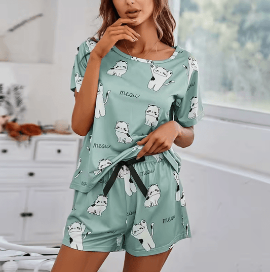 2025 Women’s Cartoon Print Pajama Set – Short Sleeve Top & Full-Length Pants – 2-Piece Sleepwear Loungewear Nightwear Set