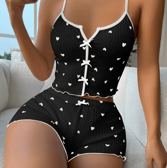 2025 Women’s Satin Heart Print Pajama Set – Sexy V-Neck Cami Top & Shorts – 2-Piece Silk Sleepwear Loungewear Set
