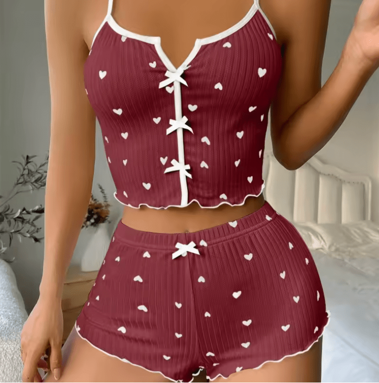 2025 Women’s Satin Heart Print Pajama Set – Sexy V-Neck Cami Top & Shorts – 2-Piece Silk Sleepwear Loungewear Set