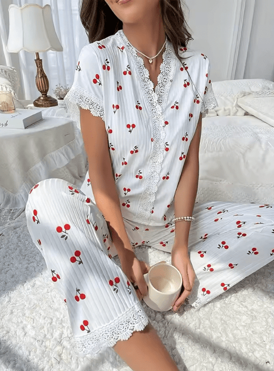 2025 Women’s Cherry Print Pajama Set – Summer V-Neck Slim Fit T-Shirt & Pants – 2-Piece Lightweight Loungewear Sleepwear