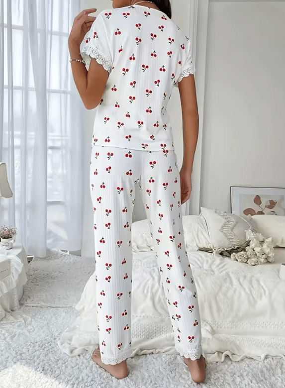 2025 Women’s Cherry Print Pajama Set – Summer V-Neck Slim Fit T-Shirt & Pants – 2-Piece Lightweight Loungewear Sleepwear