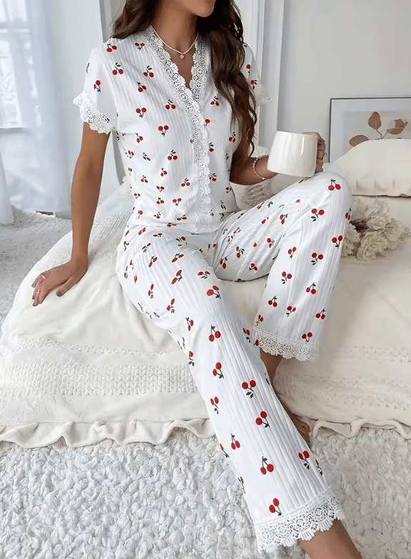2025 Women’s Cherry Print Pajama Set – Summer V-Neck Slim Fit T-Shirt & Pants – 2-Piece Lightweight Loungewear Sleepwear