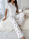 2025 Women’s Cherry Print Pajama Set – Summer V-Neck Slim Fit T-Shirt & Pants – 2-Piece Lightweight Loungewear Sleepwear